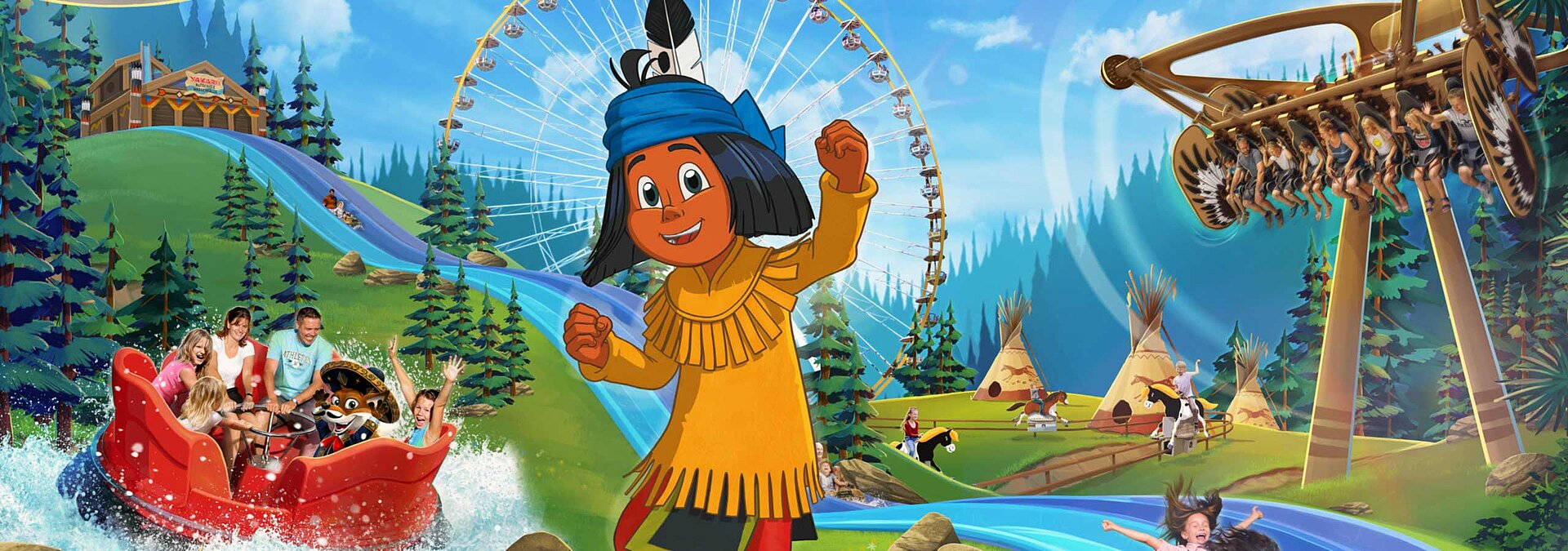 Yakari steht im FORT FUN vor den vielen spannenden Attraktionen im Freizeitpark.