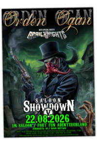Das Plakat der Band "Orden Ogan" zeigt die Informationen zum Showdown im FORT FUN Saloon am 22. August 2026.