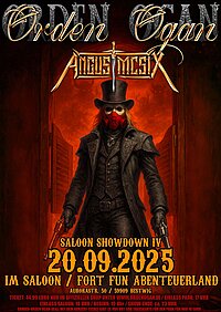 Das offizielle Plakat für das Orden Ogan Konzert zeigt einen maskierten Mann mit Pistolen vor einer Saloontür.