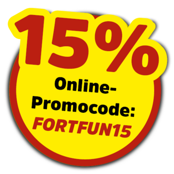 Gelber Button mit Online-Promocode: FORTFUN15, der 15 % Rabatt auf Onlinetickets gewährt.