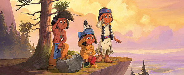 Der Indianer Junge Yakari beoabachtet mit seinen Freunden die Gegend.