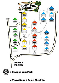 Ein Plan zeigt die Lage der Hütten im Camp.