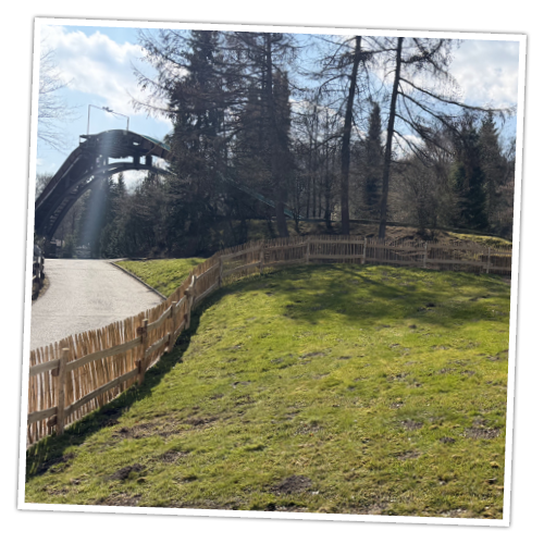 Der neue Hundespielplatz ist rundum eingezäunt und liegt unterhalb der Wildwasserbahn.