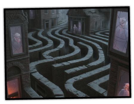 Ein KI gezeichntes Bild eines Labyrinths mit Hochhäusern herum.