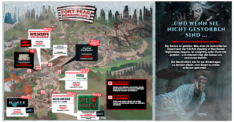 Der Parkplan zeigt euch, wo ihr an den FORT FEAR Horrorland Tagen die Horror-Attraktionen im FORT FUN findet.