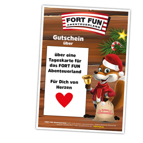 Gutschein für Weihnachten mit Funny und dem FORT FUN Logo