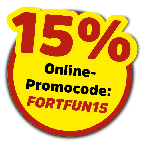 Gelber Button mit Online-Promocode: FORTFUN15, der 15 % Rabatt auf Onlinetickets gewährt.