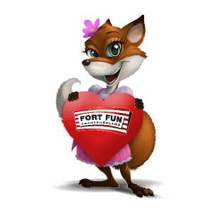 Das Maskottchen Frida Fux hält ein rotes Herz mit dem FORT FUN Logo in den Händen.