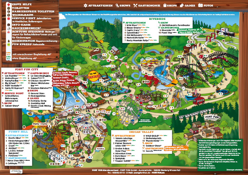Der FORT FUN Parkplan zeigt den Weg zu den Attraktionen, Toiletten und zur Gastronomie des Freizeitparks.