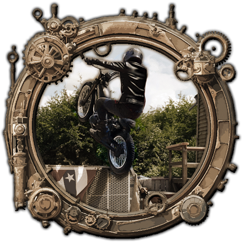 Ein Stuntmen springt bin der neuen Show Wild Wheels mit seinem Motorrad eine Rampe hoch.