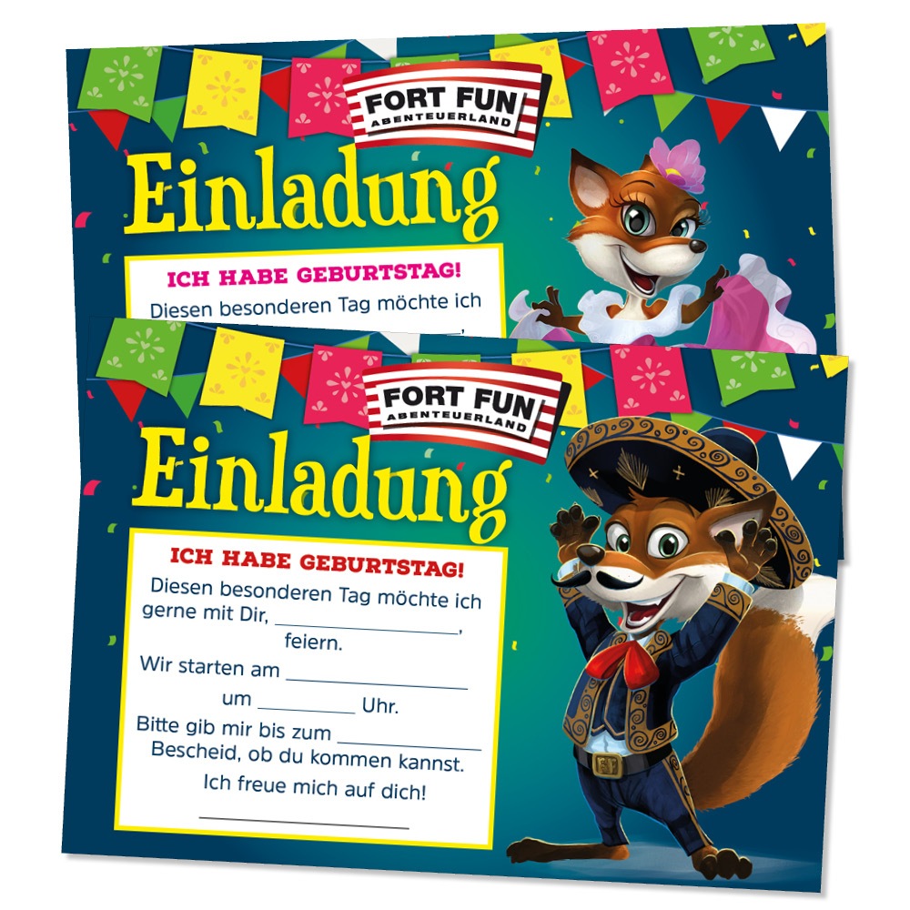 Einladungskarten für den Kindergeburtstag im Freizeitpark können ausgedruckt werden.